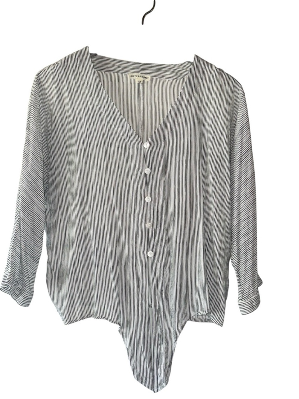 Artisan Ny Black & White Pinstripe V-Neck Button Blouse